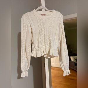 White Cable Knit Sweater with Ruffle Hem